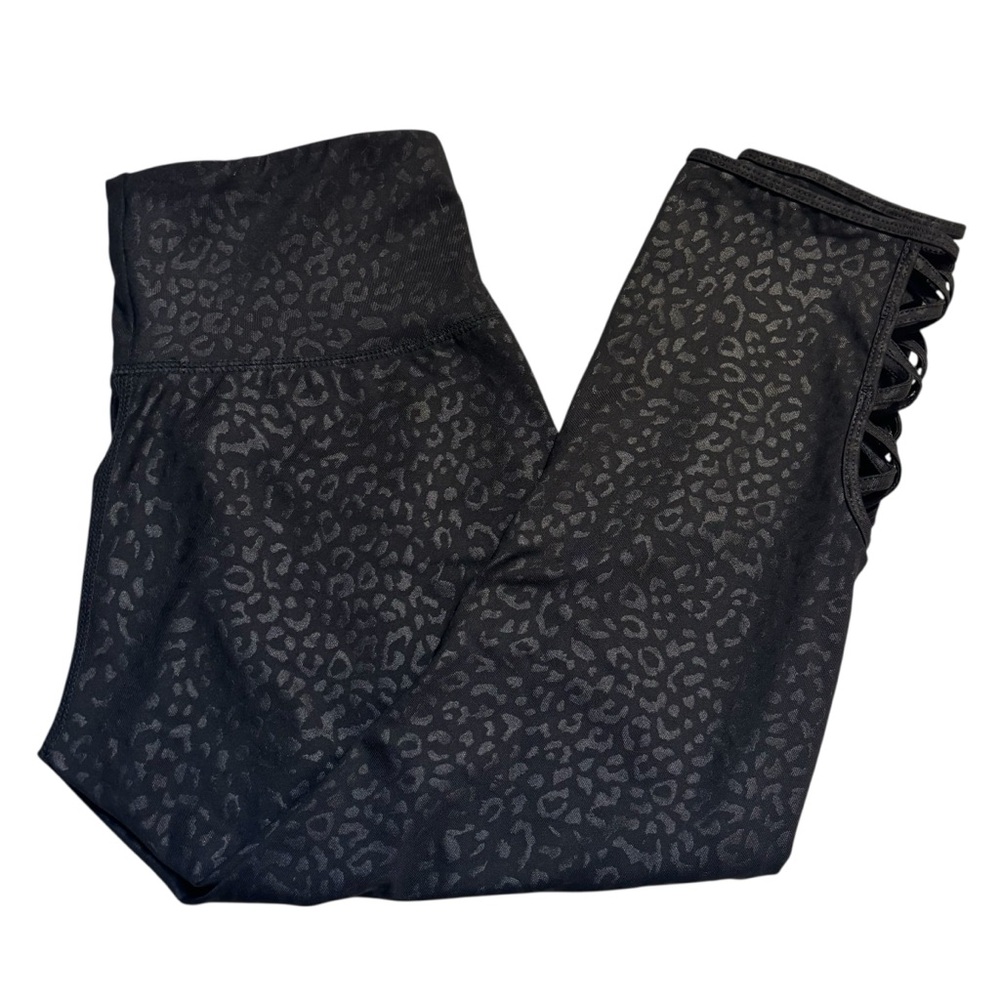 Half Moon Capri Leggings Small Black Shiny Leopard Print Strappy Cutout Design - Picture 3 of 14
